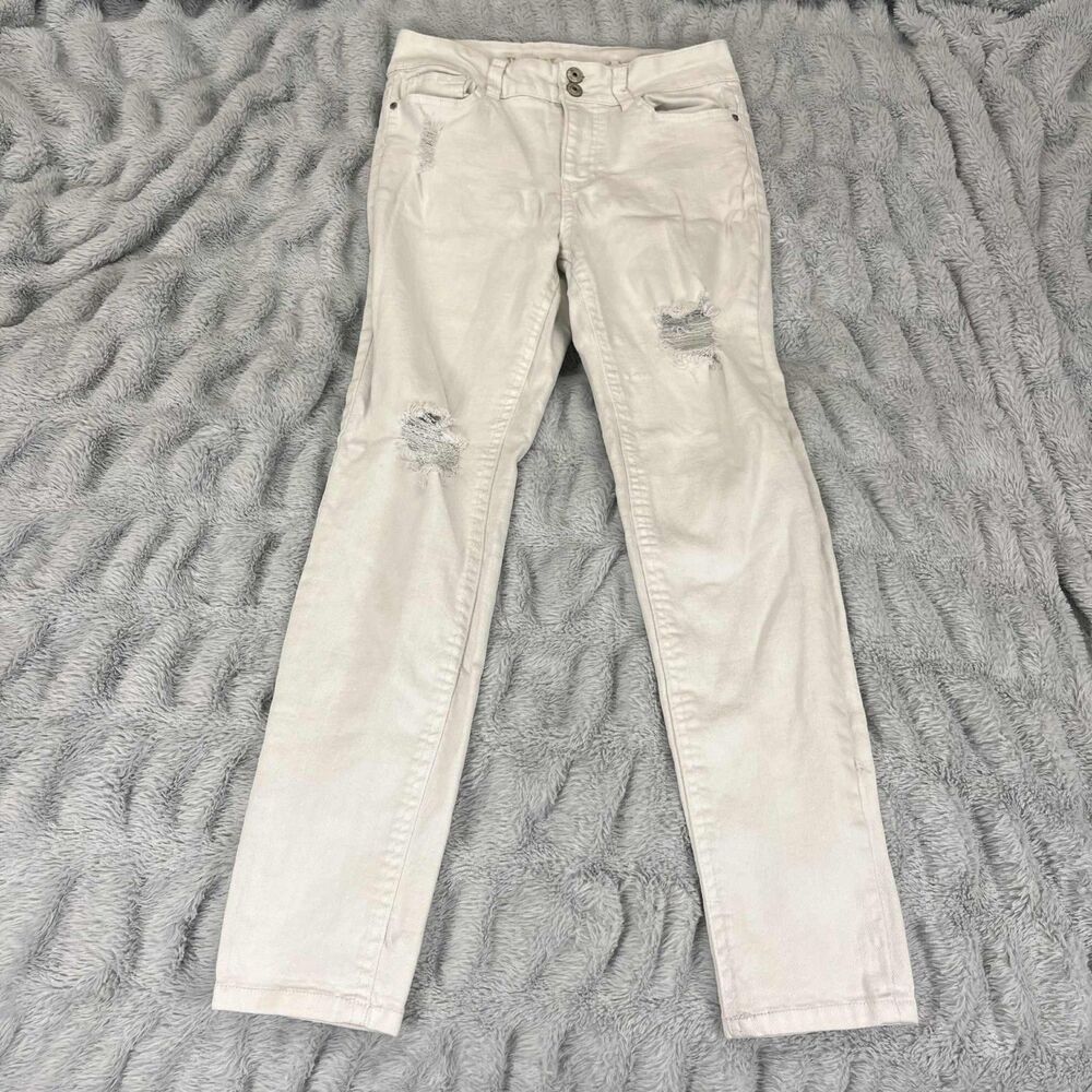 Vanilla Star Jeans Womens 7 Distressed Skinny Crop Mid Rise Off White Stretch